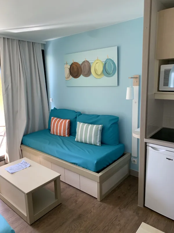 Logement de résidence de tourisme rénové, murs bleu clair